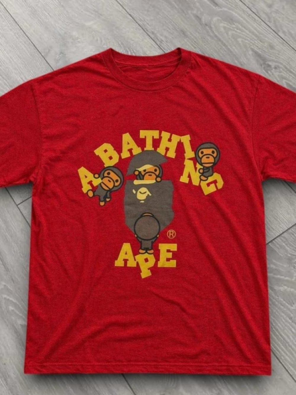 Gildan Red Tee with Yellow A Bathing Ape Graphic